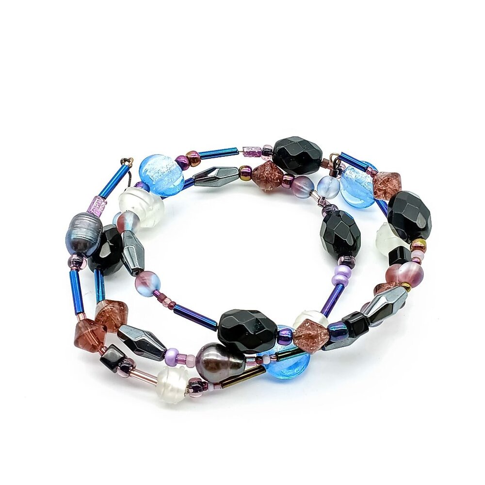 Chic Memory Wire Bracelet, Freshwater Pearl Art Glass and Faceted Crystal Beads